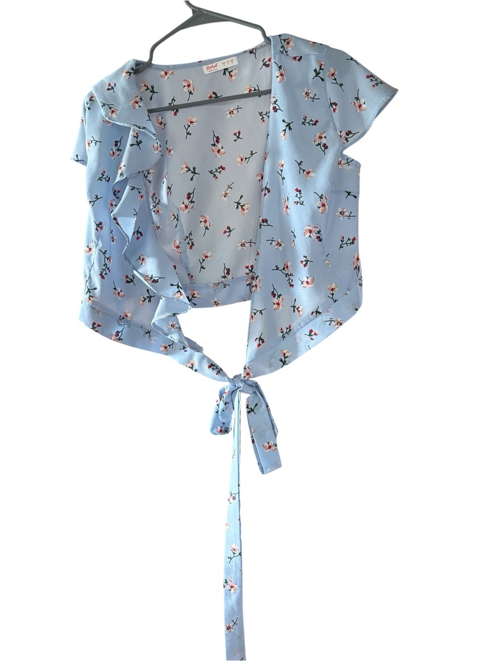ROMWE Light Blue Floral Tie-Front Crop Top